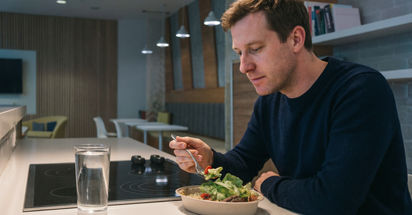 Man enjoying a fresh salad in a modern indoor setting.