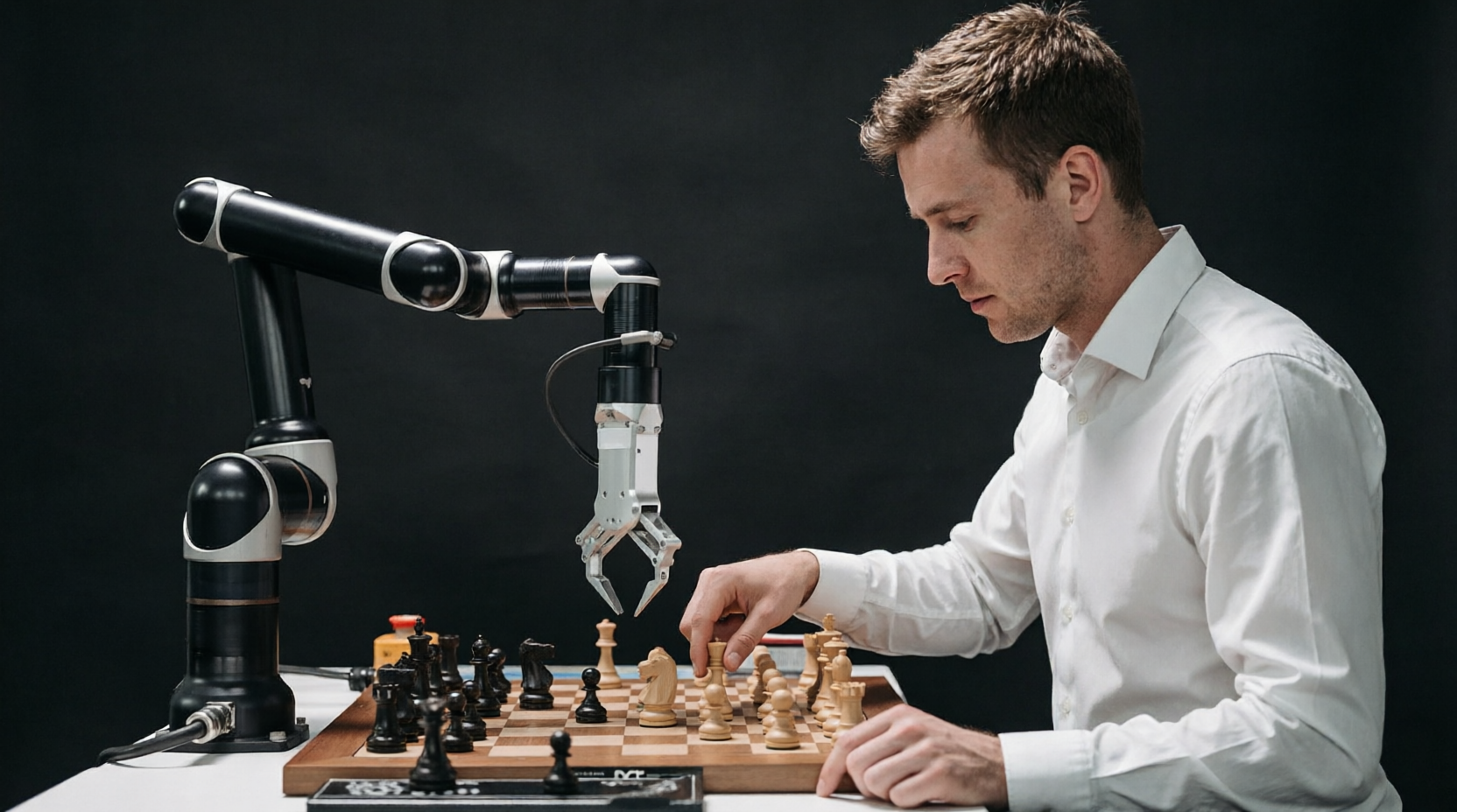 A robot and man engage in chess, showcasing technology and strategic thinking.