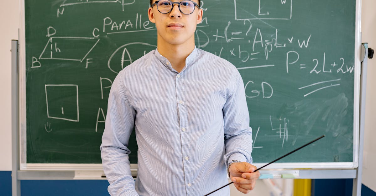 Confident teacher stands with pointer in front of a chalkboard filled with mathematical equations for a lesson.