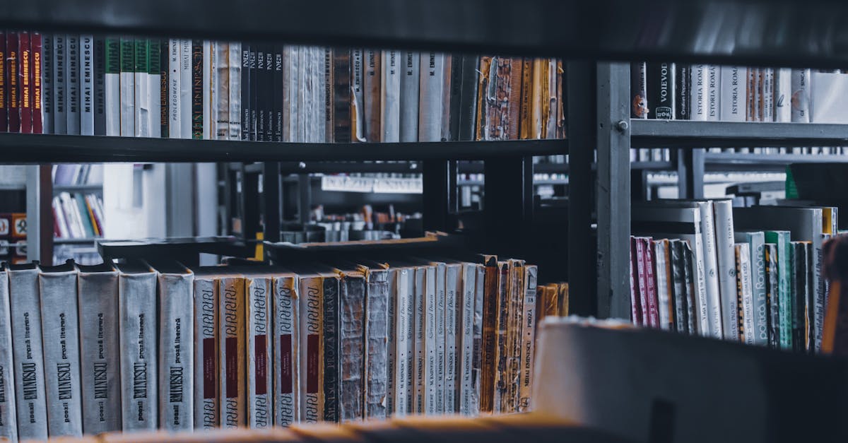 Stacks of various books placed in row on shelf in university library in daylight
