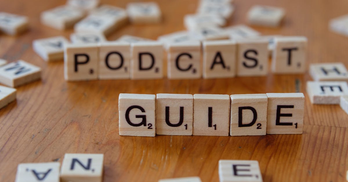Scrabble tiles forming the words 'Podcast Guide' on a wooden surface.