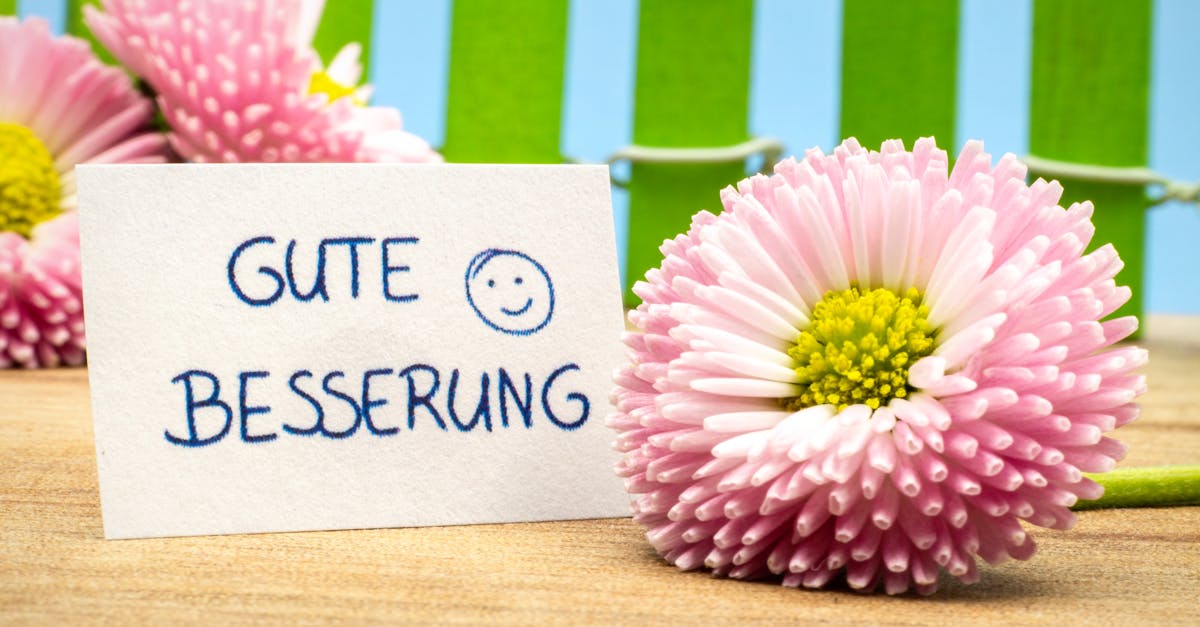 Pink daisies beside a heartfelt 'Gute Besserung' card on wooden table.