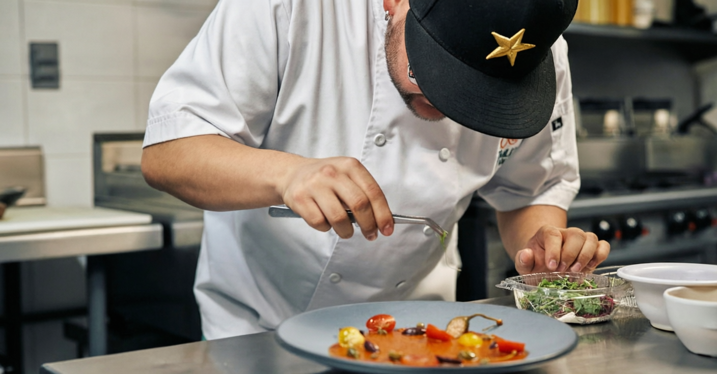 Close-up of a chef in a professional kitchen garnishing a gourmet dish with precision.