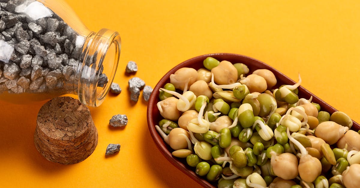 Healthy sprouted chickpeas and beans with iron nuggets on a vibrant yellow backdrop.