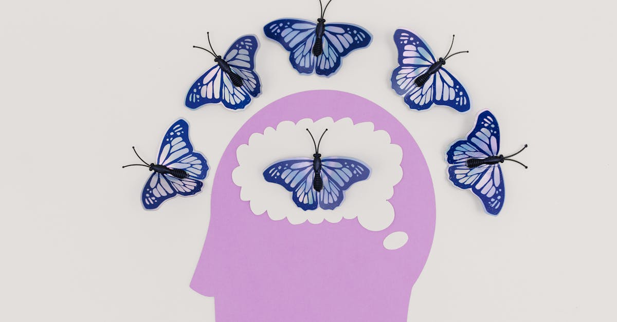 Creative illustration of butterflies representing thoughts over a brain silhouette.