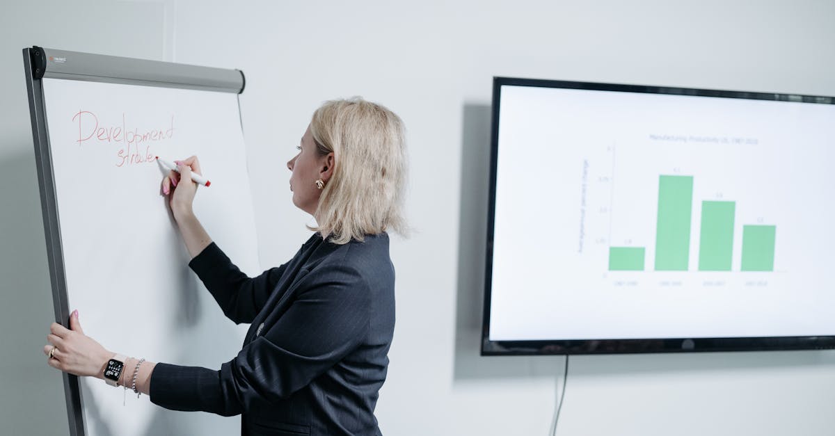Professional woman in office writing on whiteboard during a business presentation.