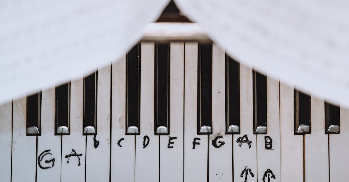 A close-up view of piano keys with musical notes marked by hand, showing educational and learning aids.