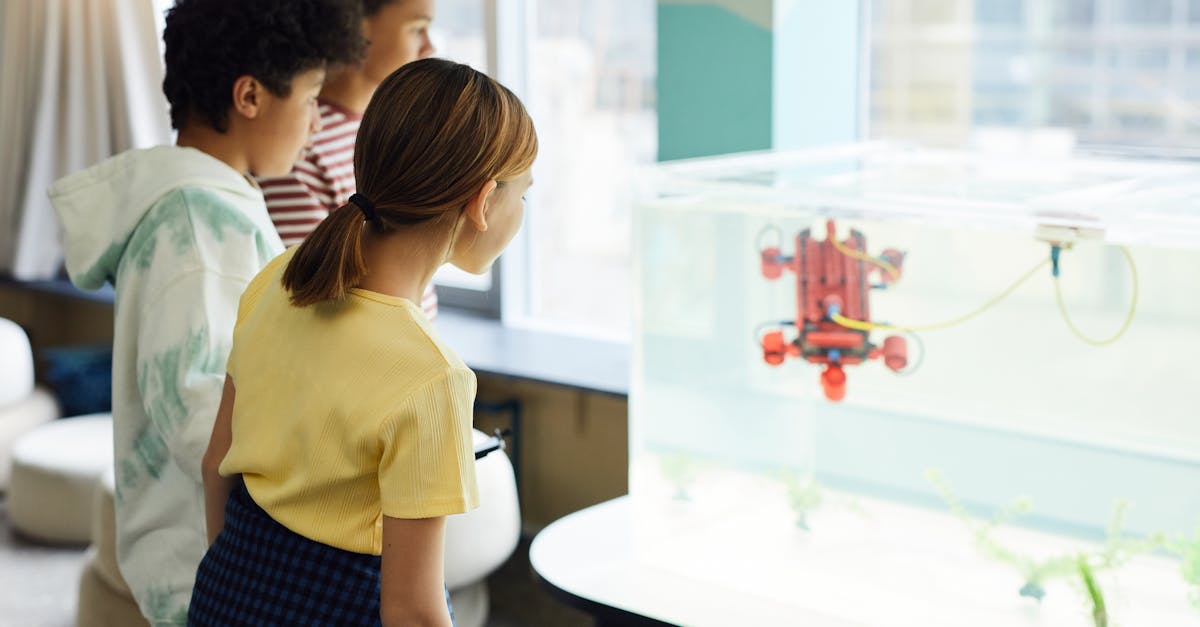 Side view of group of concentrated multiracial children looking at new engineering device in light room