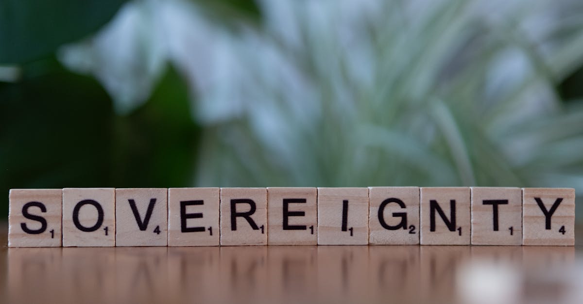 Wooden Scrabble tiles spelling out 'Sovereignty' on a blurred natural background.