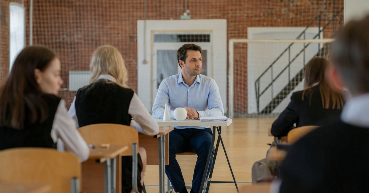 Teacher sitting at desk during class in a school gymnasium.