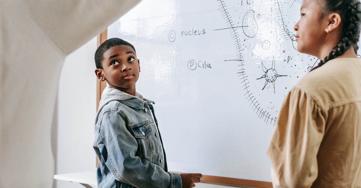 Multiethnic children studying biology and listening teacher near modern whiteboard with scheme of organism in classroom