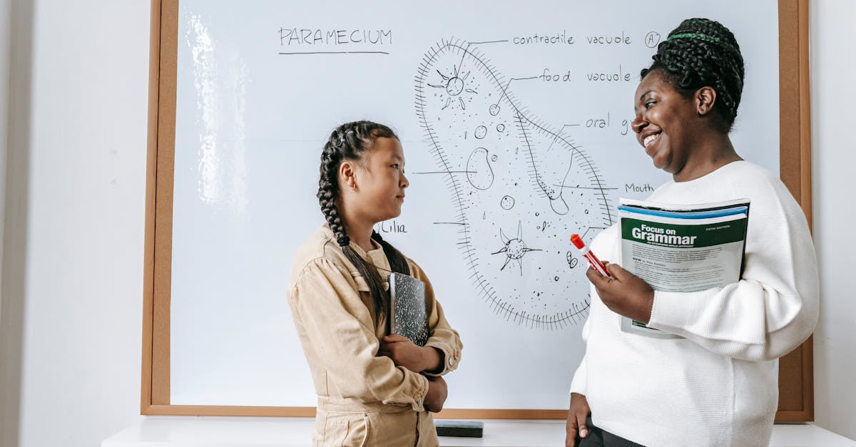 Side view of smiling African American female teacher holding textbooks while communicating with Asian teenage girl after lesson