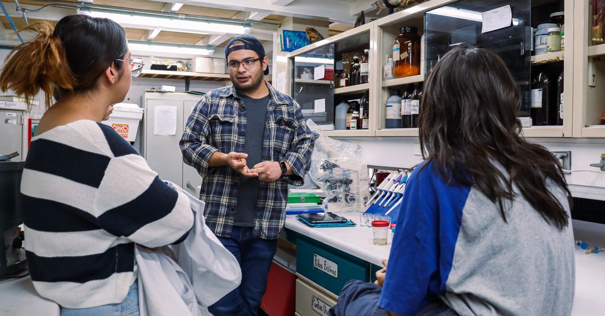 Group of students engaged in discussion inside a chemistry laboratory.