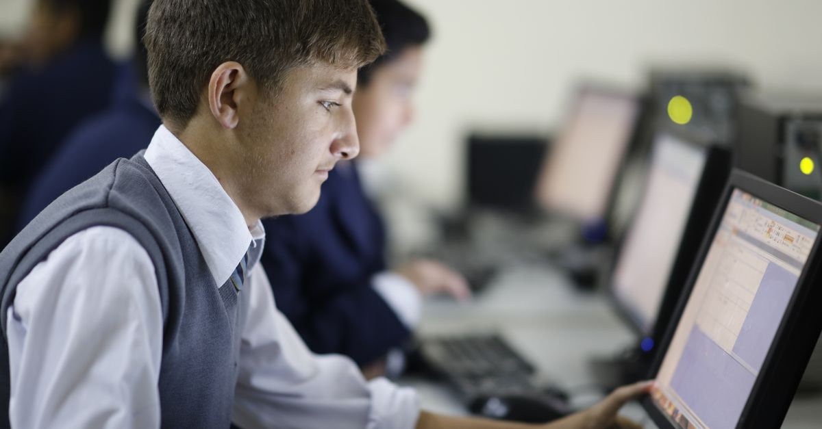 Teenage student concentrating in computer lab using a desktop computer at school.