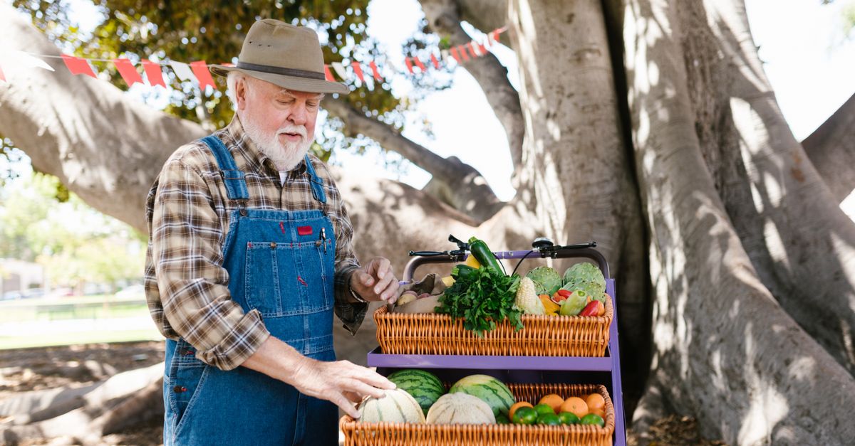 Elderly farmer at a colorful outdoor fruit stand, offering fresh vegetables and fruits.